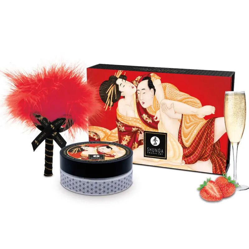 Shunga - Poudre Corporelle Fraise / Vin Pétillant & Plumeau Douceur