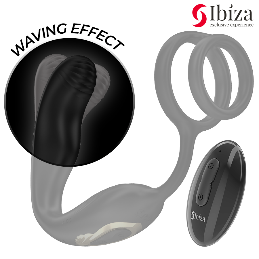 IBIZA - Plug anal rotatif télécommandé WIGGLE avec vibrations périnéales et anneaux rehaussant le pénis