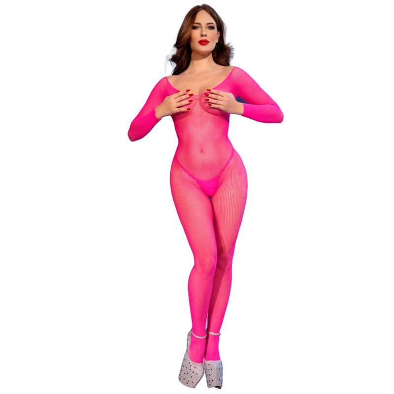 Bodystocking en Résille Rose Néon Manches Longues - Chilirose